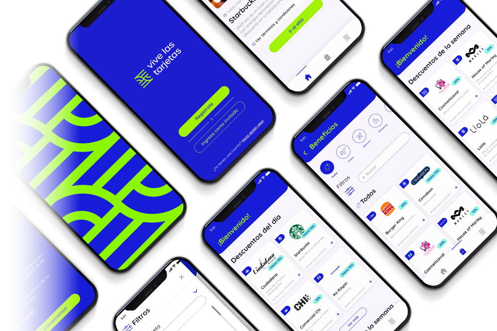 Múltiples pantallas de la app Vive las Tarjetas mostrando beneficios, categorías, filtros y descuentos del día